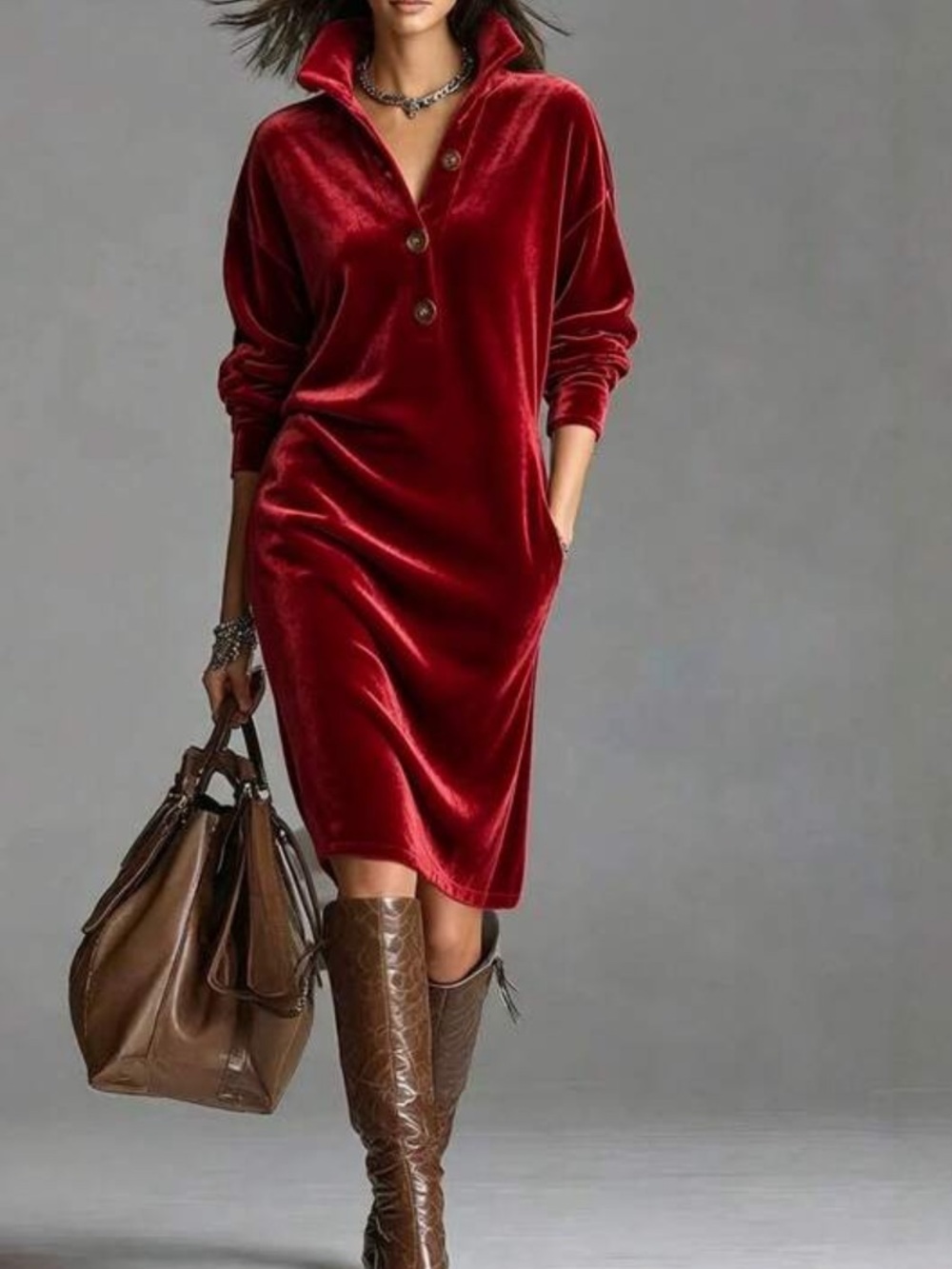 Luxury Velvet Button-Front Pocket Dress Red